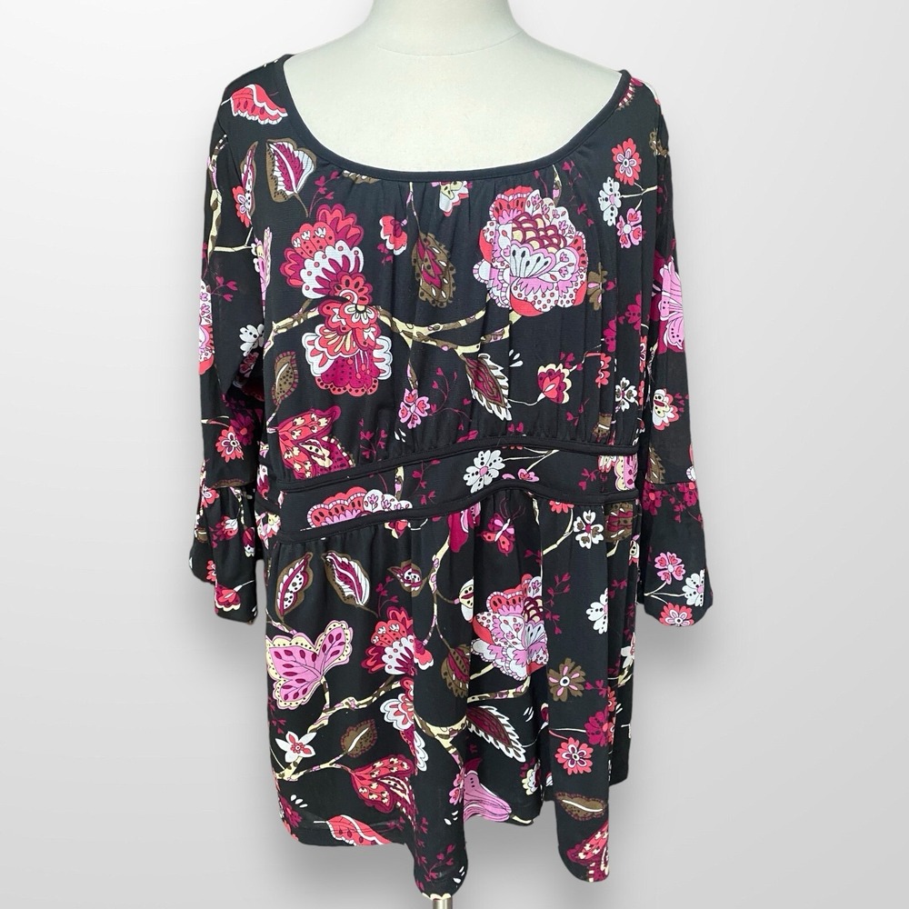 Venezia Women's 22 / 24 Blouse Top Shirt Black Floral 3/4 Bell Sleeve Stretch